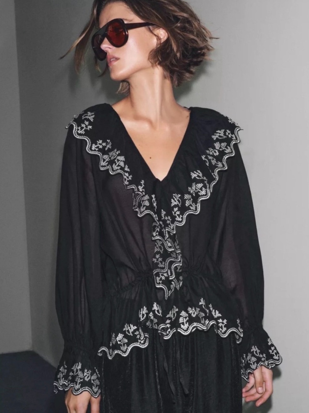 Zara Black Ruffled V-Neck Embroidered Blouse
